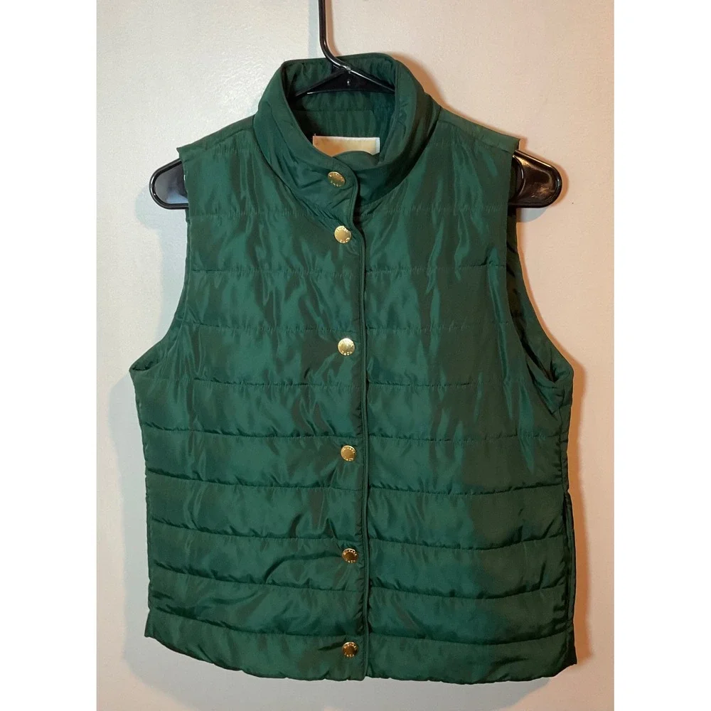 Michael Kors‎ Forest Green Puffer Vest Womens Size Small Snap Front Gold Buttons
